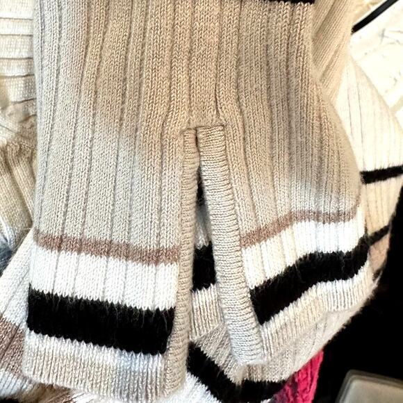 Linda Matthews Pullover Striped Sweater Black Taupe White Square Neck L - Picture 3 of 10